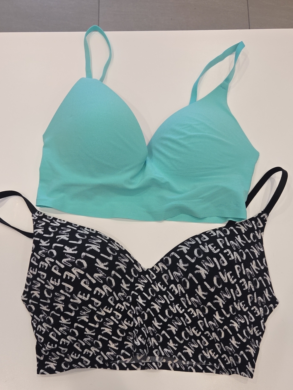 Victoria's Secret Seamless Light Aqua Bralette & Black Script Bralette Duo